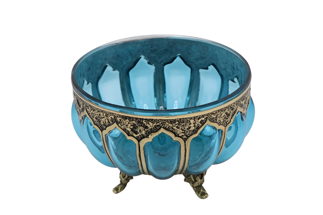 Handcrafted Bule Glass & Engraved Copper Bowl – A Fusion of Crystal Art and Copper Engraving