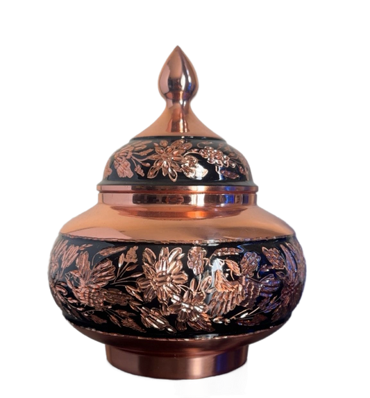 Handcrafted Diamond-Cut Engraved Copper Canister – Floral Design