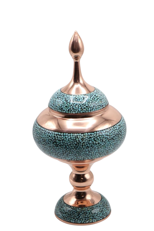 Handcrafted Turquoise Inlay Copper Vessel – Firoozeh Koobi Art