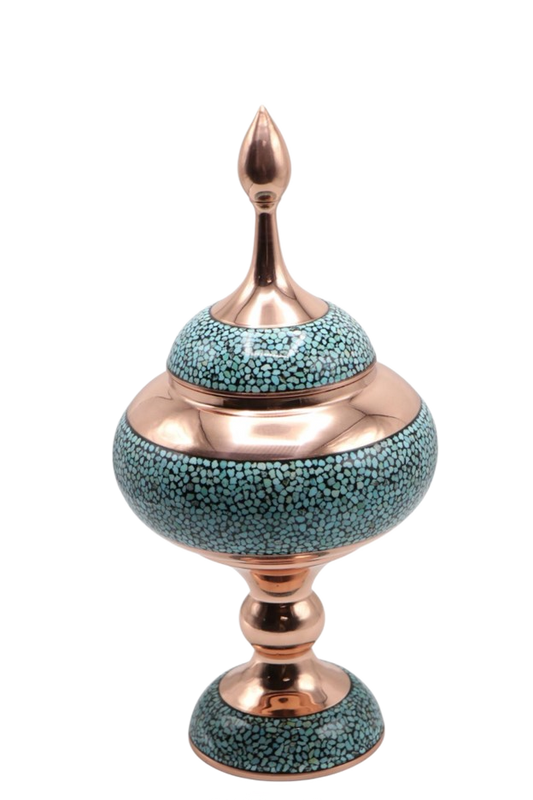 Handcrafted Turquoise Inlay Copper Vessel – Firoozeh Koobi Art