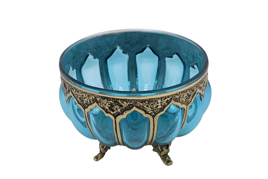 Handcrafted Bule Glass & Engraved Copper Bowl – A Fusion of Crystal Art and Copper Engraving